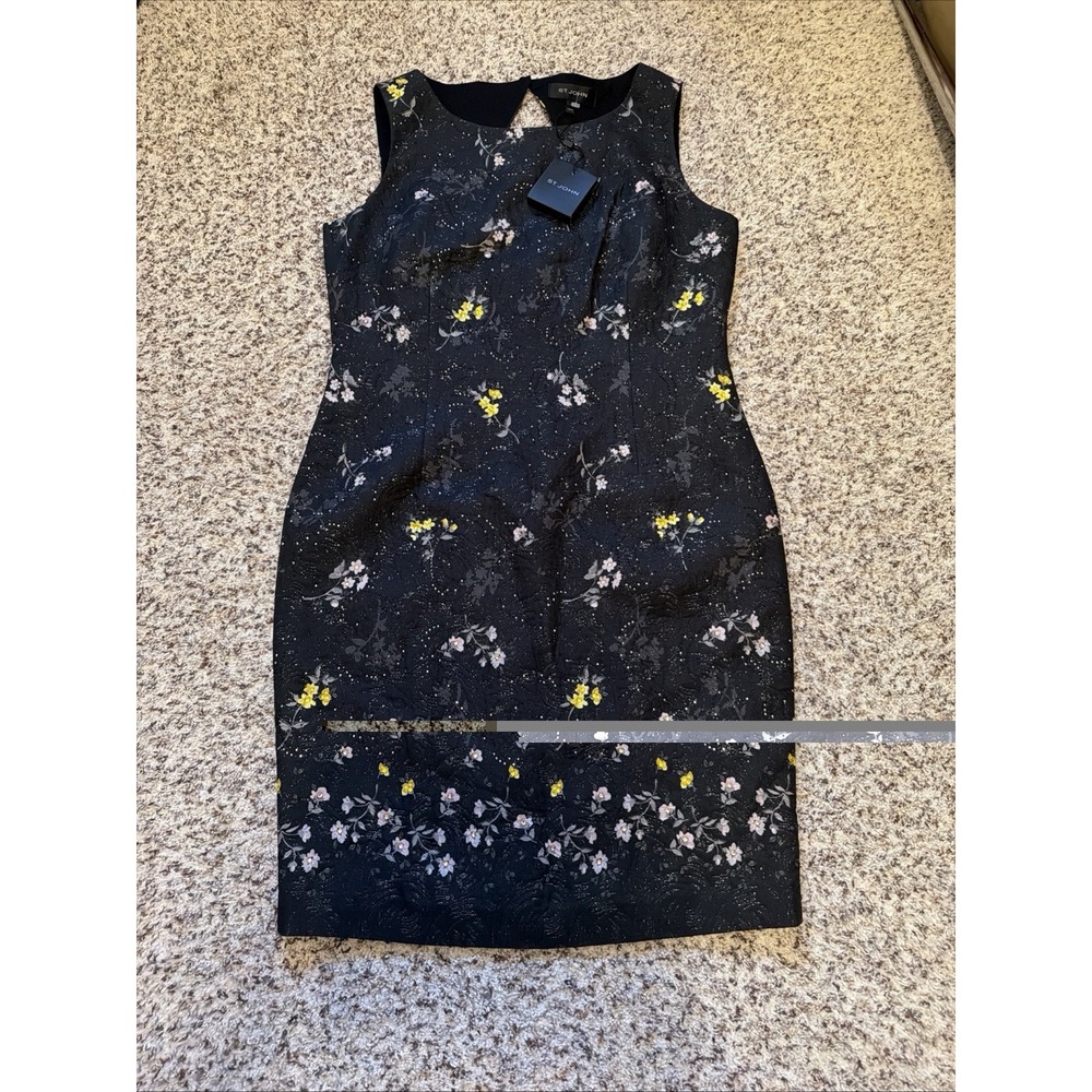 St John New Floral Brocade Sheath Sleeveless Dress 10 Silk Blend Metallic Black